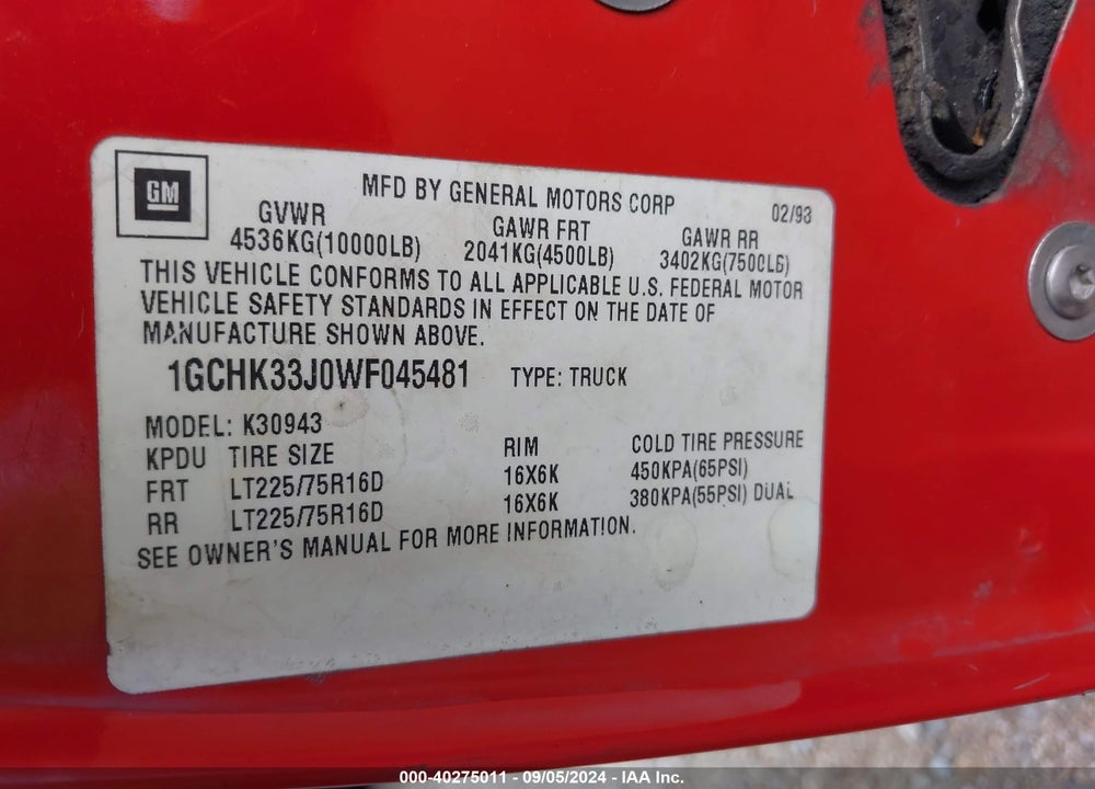 1998 CHEVROLET K3500 VIN: 1GCHK33J0WF045481