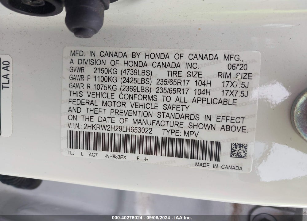 2020 HONDA CR-V AWD LX VIN: 2HKRW2H29LH653022
