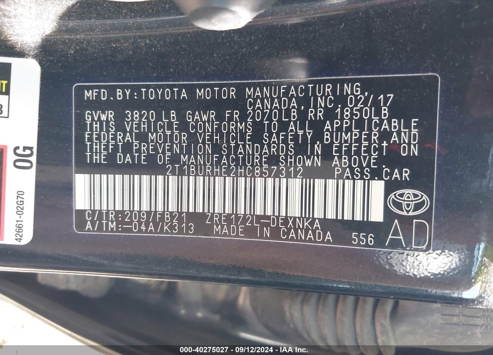 2017 TOYOTA COROLLA LE VIN: 2T1BURHE2HC857312