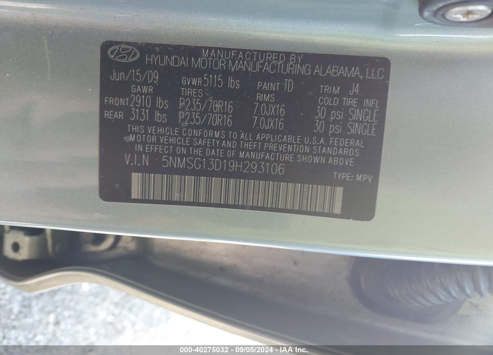 2009 HYUNDAI SANTA FE GLS VIN: 5NMSG13D19H293106