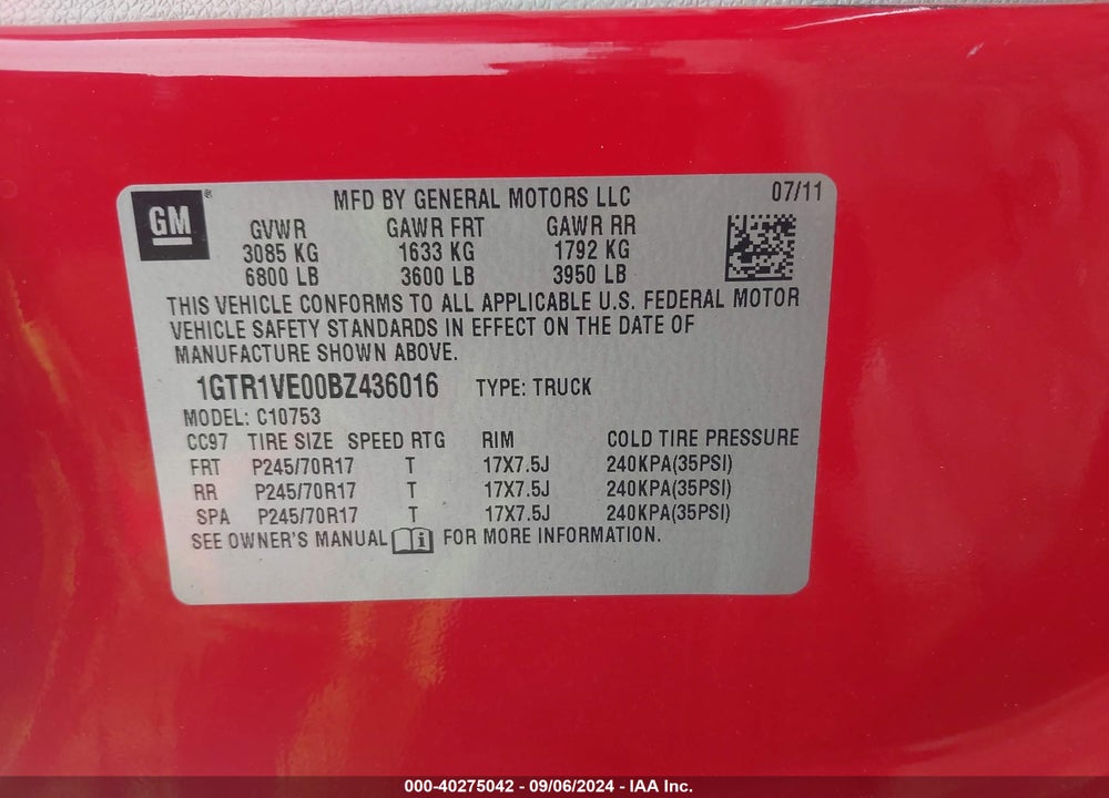 2011 GMC SIERRA 1500 SLE VIN: 1GTR1VE00BZ436016
