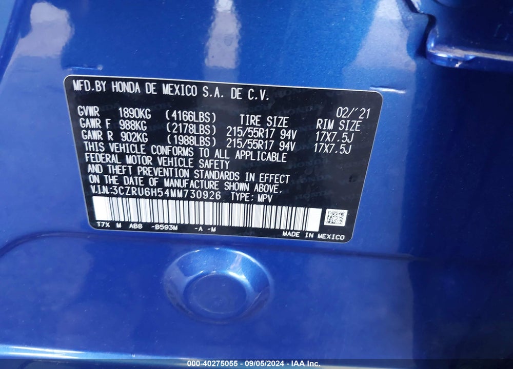 2021 HONDA HR-V AWD EX VIN: 3CZRU6H54MM730926