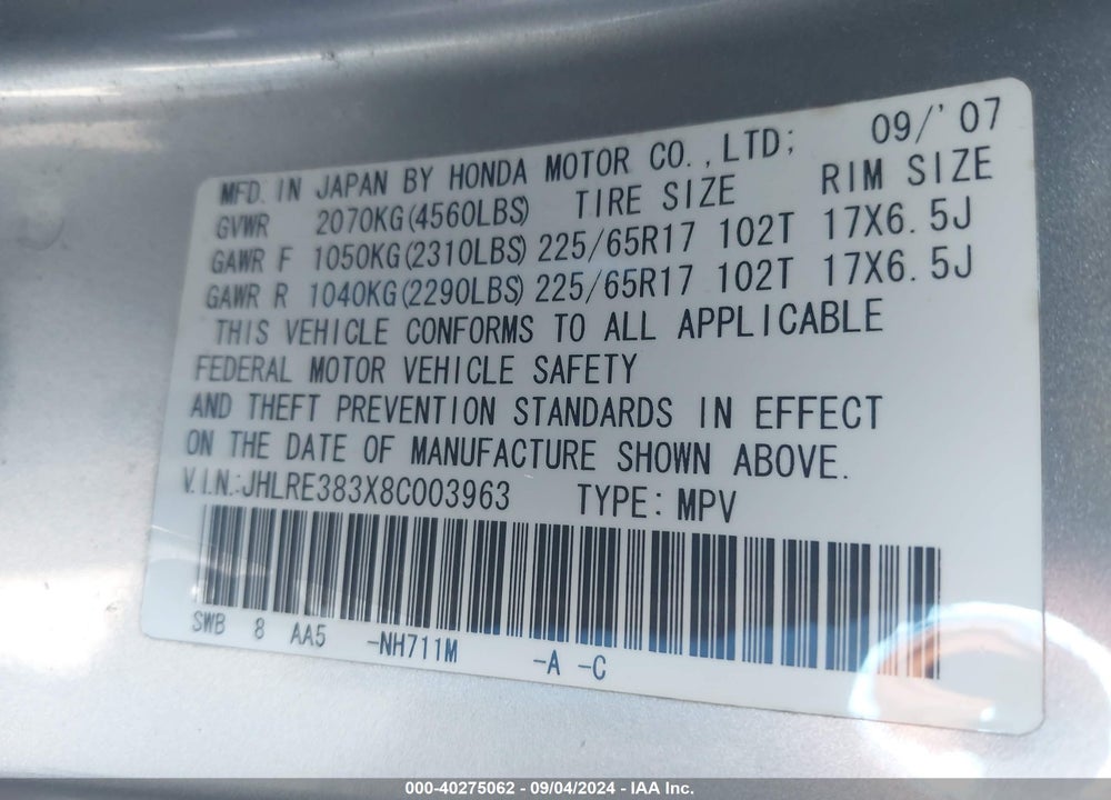 2008 HONDA CR-V VIN: JHLRE383X8C003963
