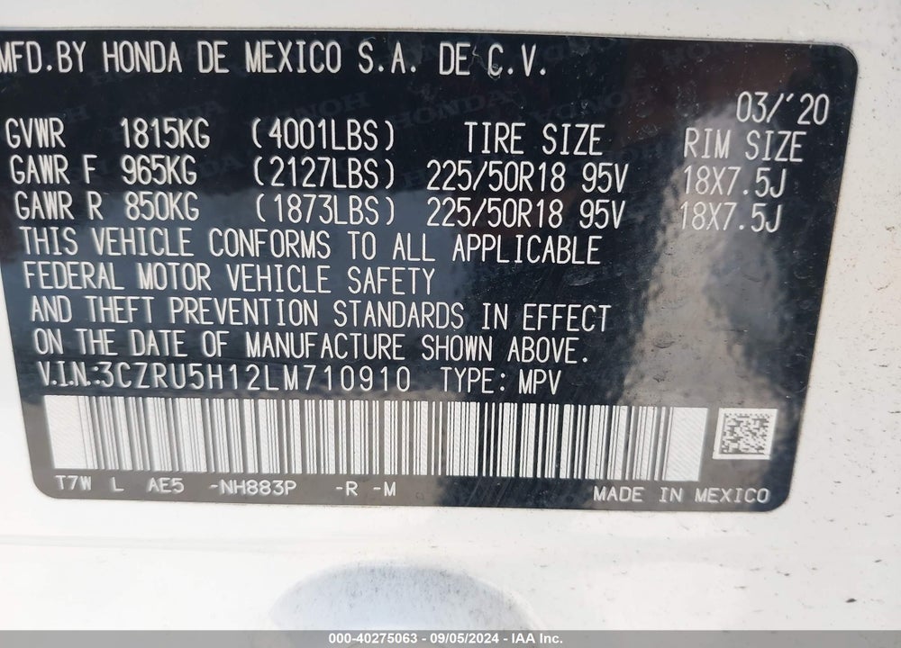 2020 HONDA HR-V 2WD SPORT VIN: 3CZRU5H12LM710910