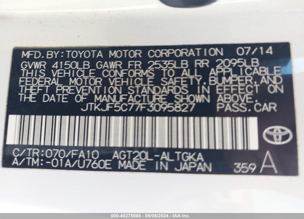 2015 SCION TC VIN: JTKJF5C77F3095827