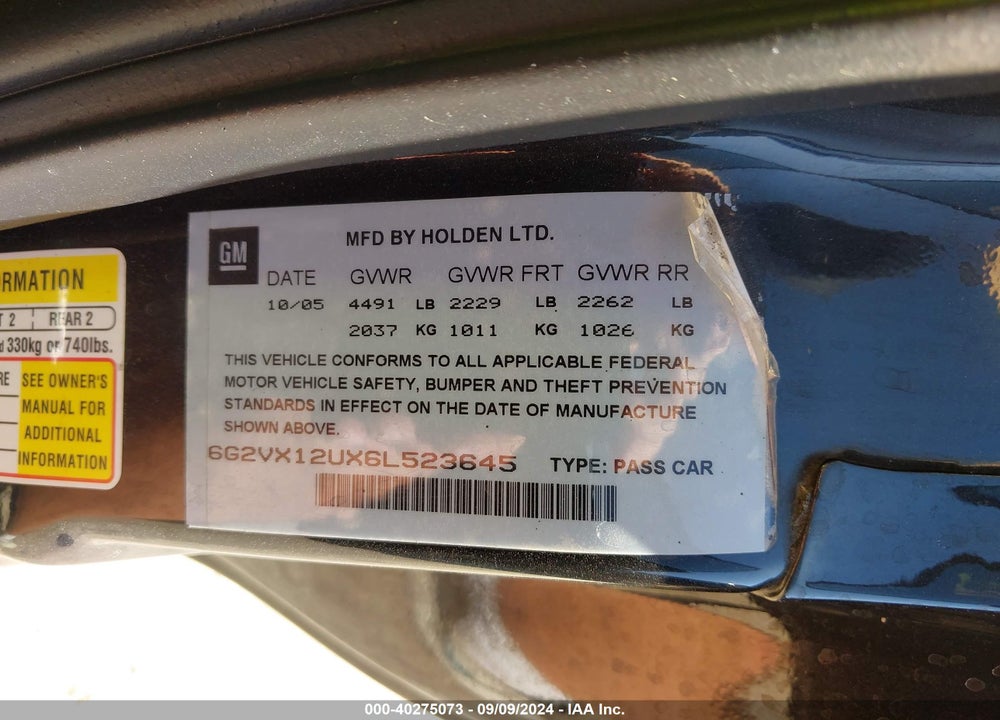 2006 PONTIAC GTO VIN: 6G2VX12UX6L523645