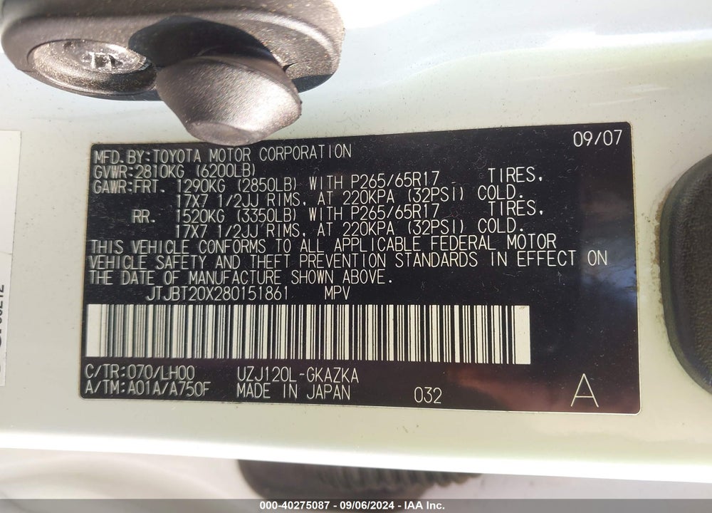2008 LEXUS GX 470 VIN: JTJBT20X280151861