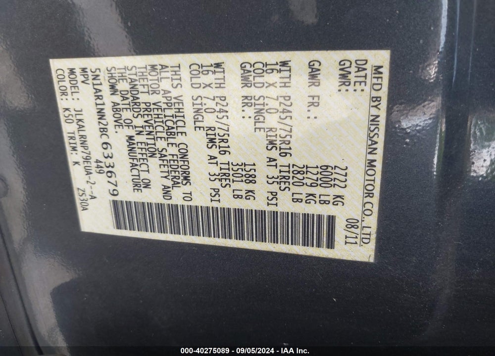 2011 NISSAN PATHFINDER S VIN: 5N1AR1NN2BC633679