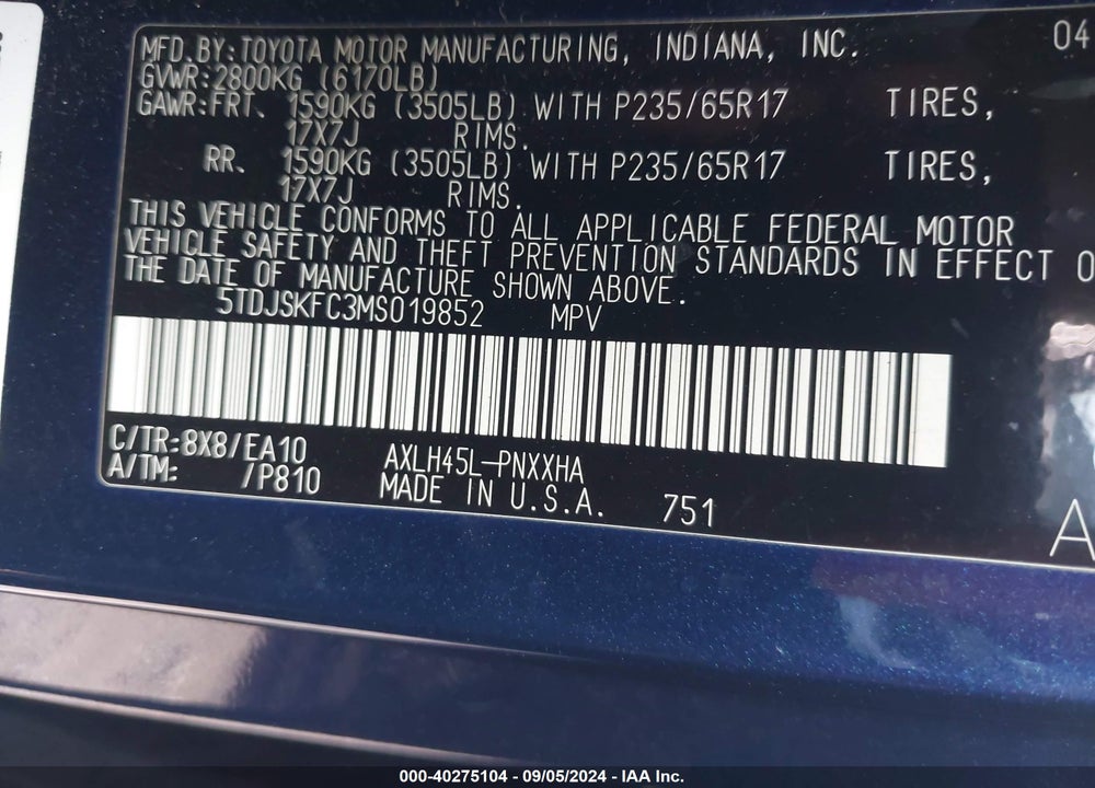 2021 TOYOTA SIENNA XLE VIN: 5TDJSKFC3MS019852