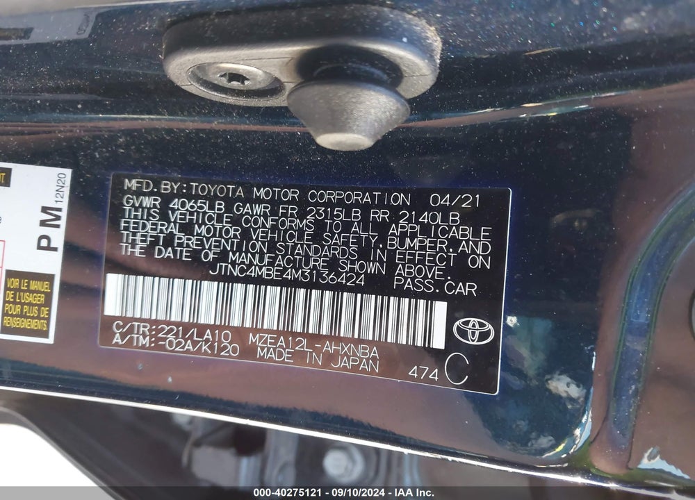 2021 TOYOTA COROLLA XSE VIN: JTNC4MBE4M3136424