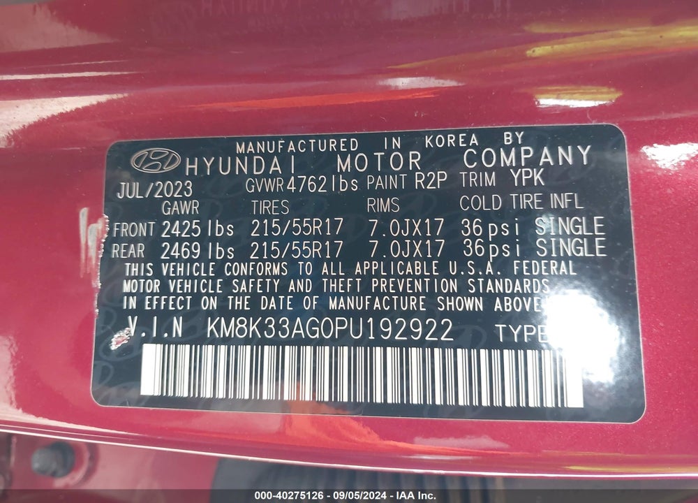 2023 HYUNDAI KONA ELECTRIC SEL VIN: KM8K33AG0PU192922