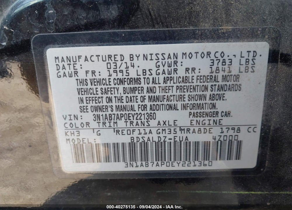 2014 NISSAN SENTRA SV VIN: 3N1AB7AP0EY221360