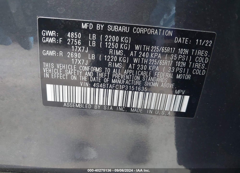 2023 SUBARU OUTBACK PREMIUM VIN: 4S4BTAFC1P3151635