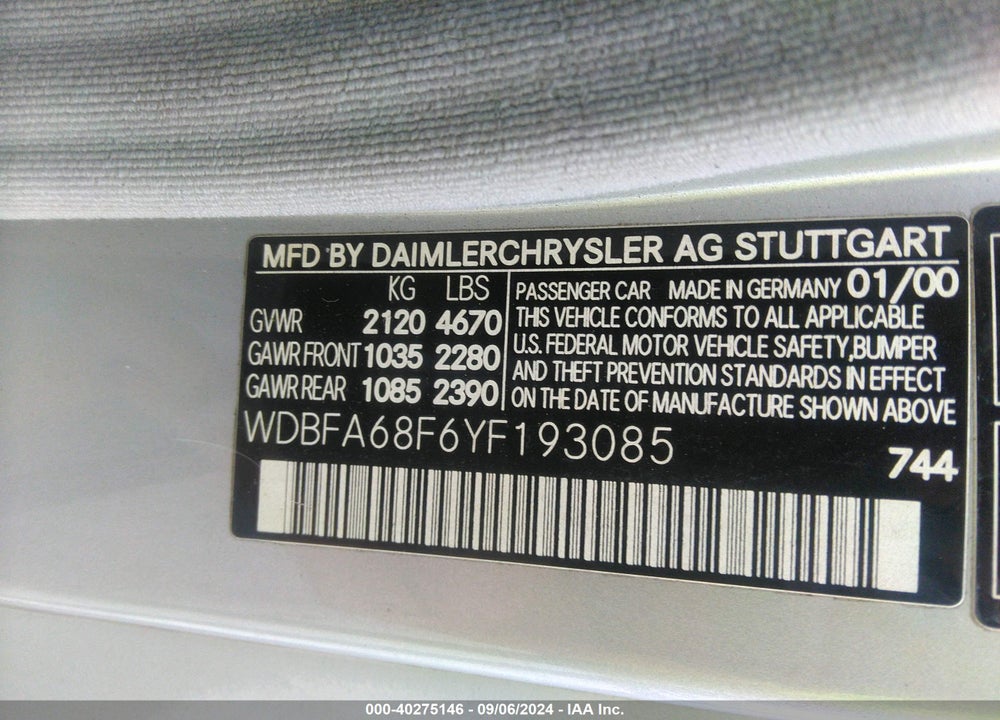 2000 MERCEDES-BENZ SL 500 VIN: WDBFA68F6YF193085