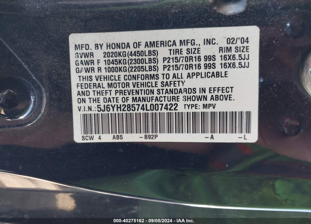 2004 HONDA ELEMENT EX VIN: 5J6YH28574L007422