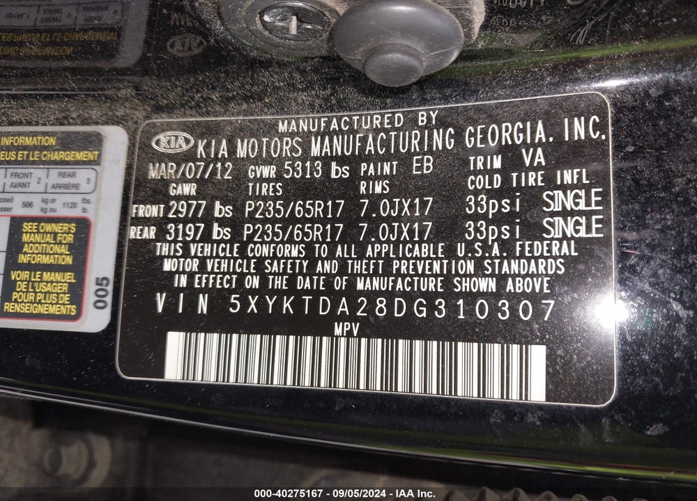 2013 KIA SORENTO LX V6 VIN: 5XYKTDA28DG310307