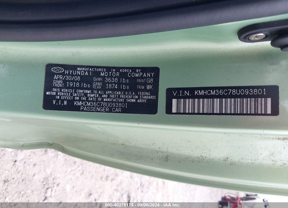 2008 HYUNDAI ACCENT GS VIN: KMHCM36C78U093801