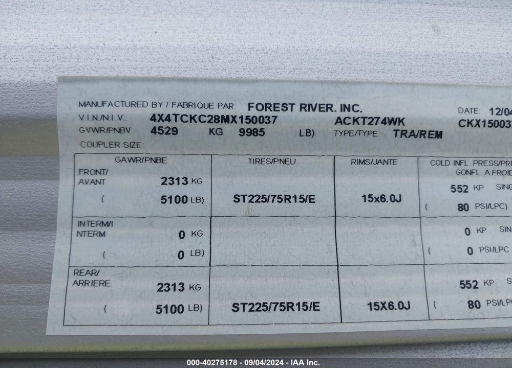 2021 CHEROKEE OTHER VIN: 4X4TCKC28MX150037