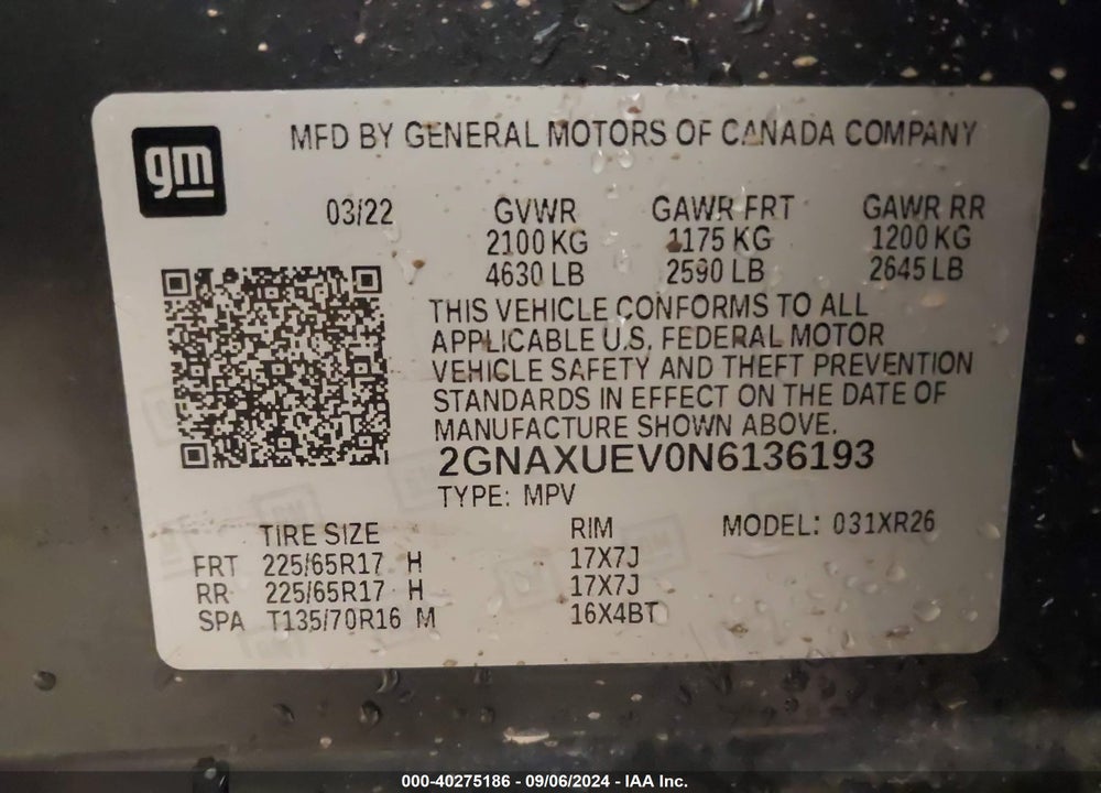 2022 CHEVROLET EQUINOX AWD LT VIN: 2GNAXUEV0N6136193