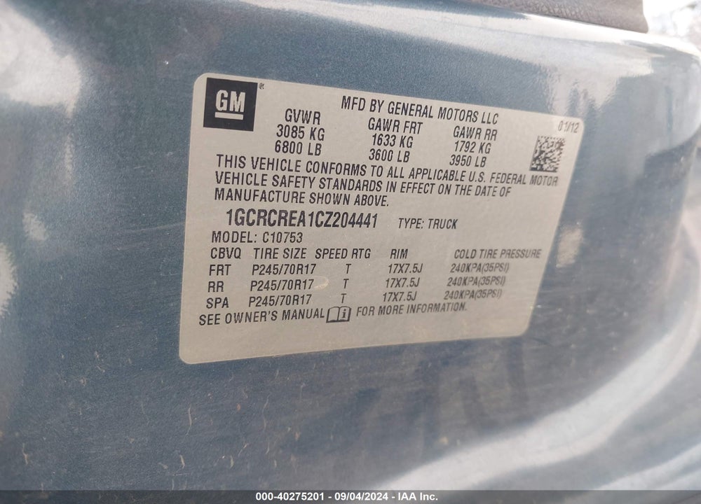 2012 CHEVROLET SILVERADO 1500 LS VIN: 1GCRCREA1CZ204441