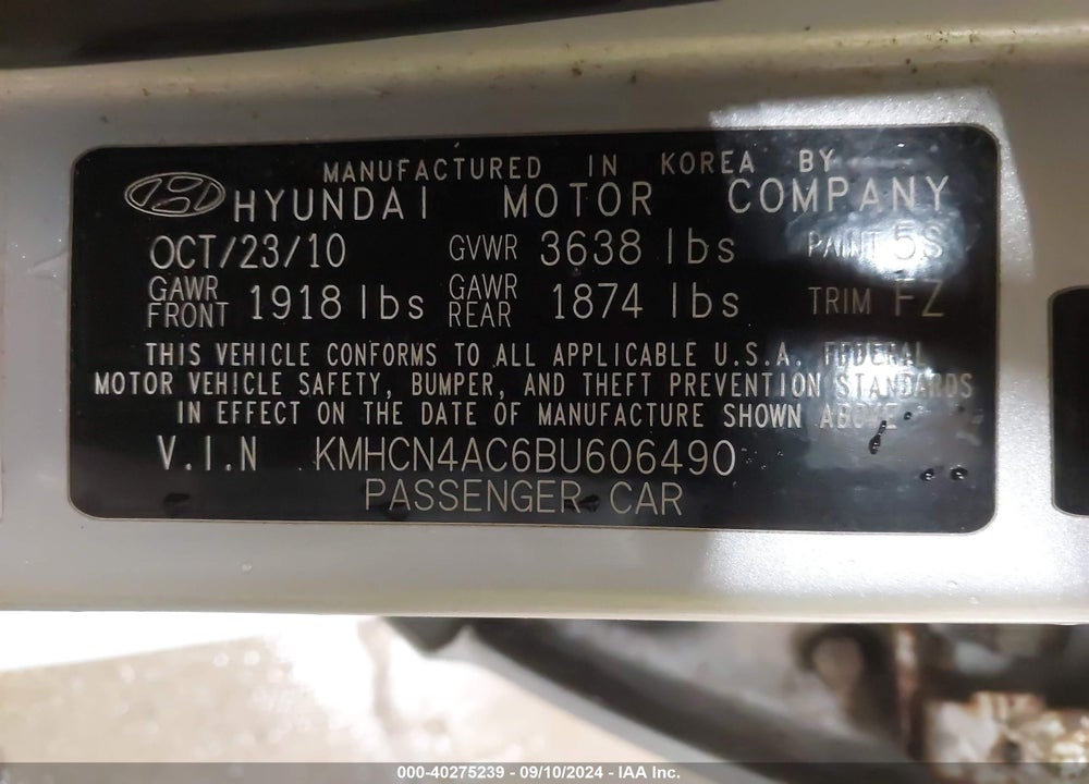 2011 HYUNDAI ACCENT GLS VIN: KMHCN4AC6BU606490