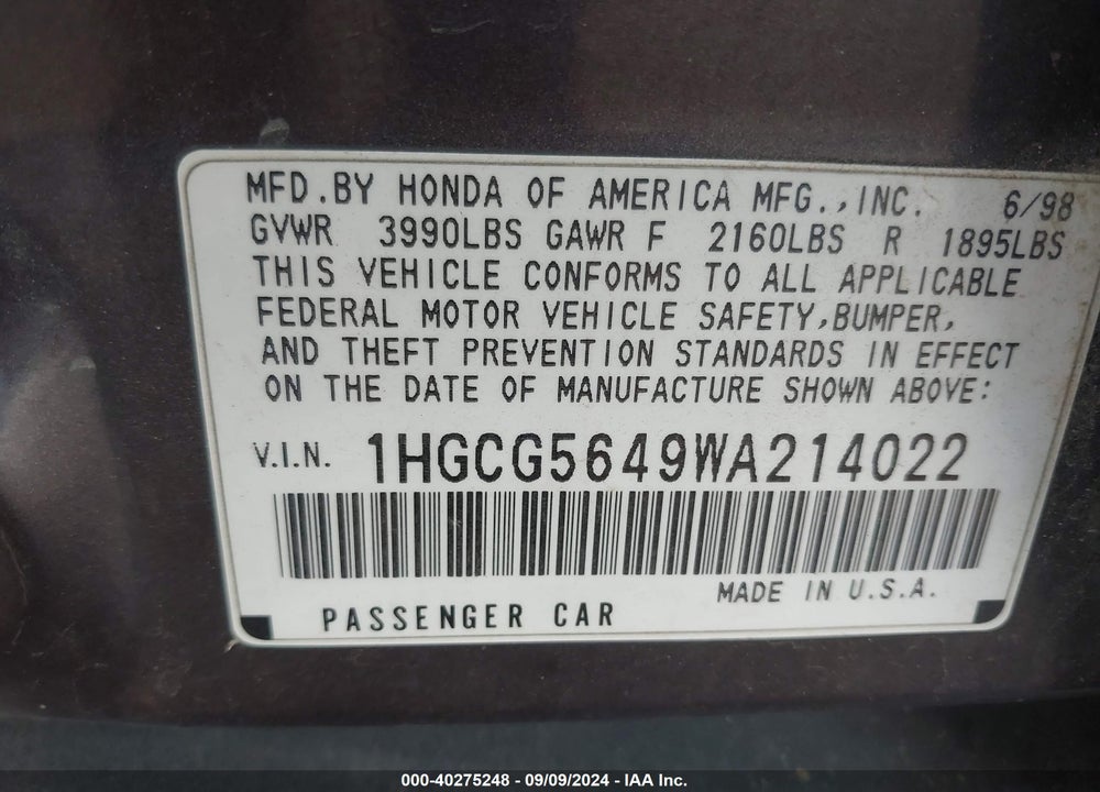 1998 HONDA ACCORD LX VIN: 1HGCG5649WA214022