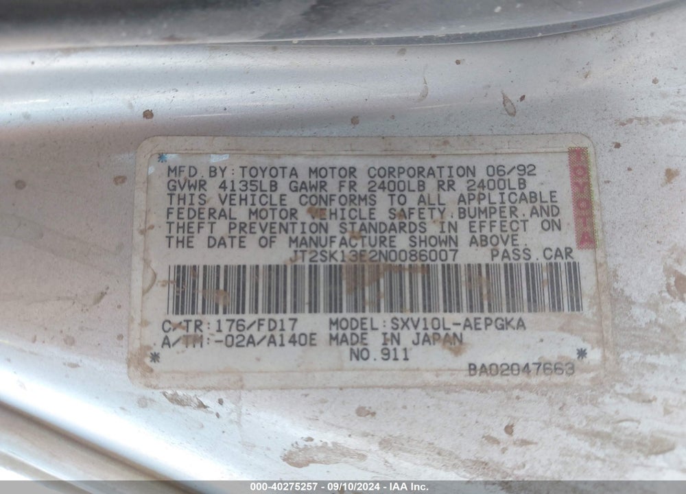 1992 TOYOTA CAMRY XLE VIN: JT2SK13E2N0086007