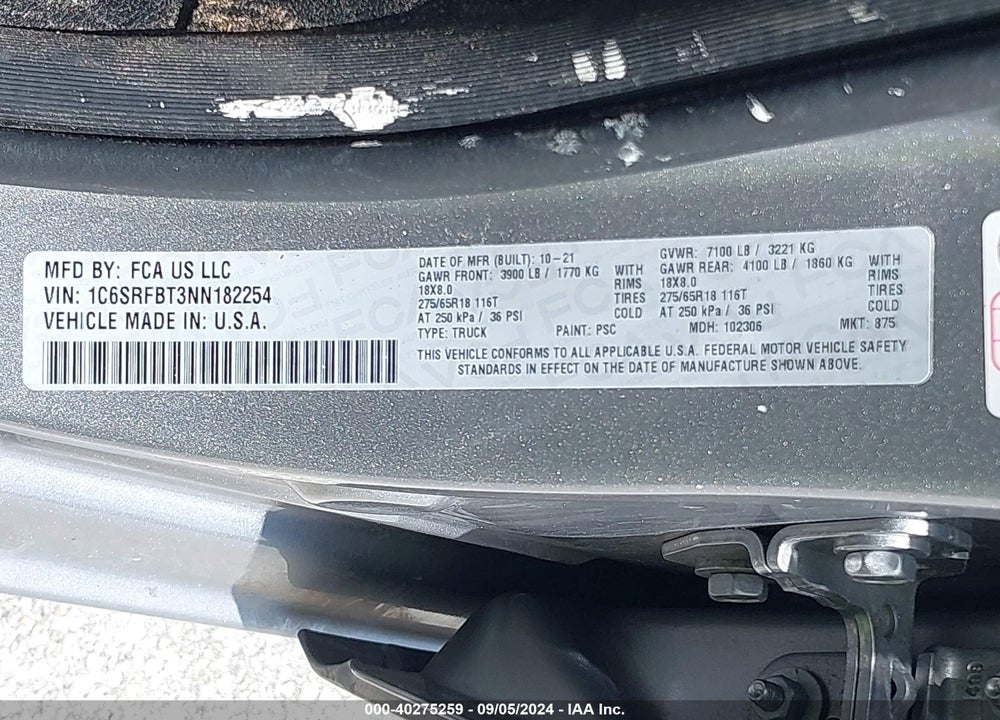 2022 RAM 1500 VIN: 1C6SRFBT3NN182254