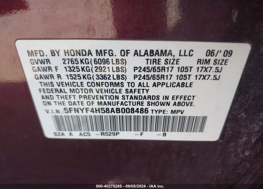 2010 HONDA PILOT EX-L VIN: 5FNYF4H58AB008486