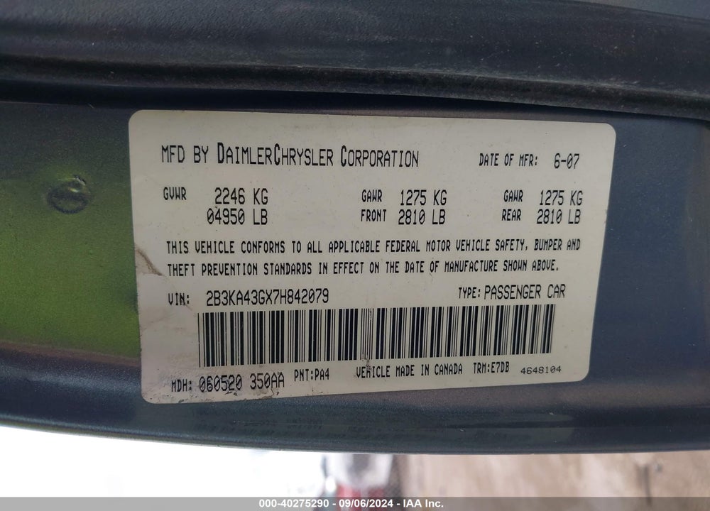 2007 DODGE CHARGER VIN: 2B3KA43GX7H842079