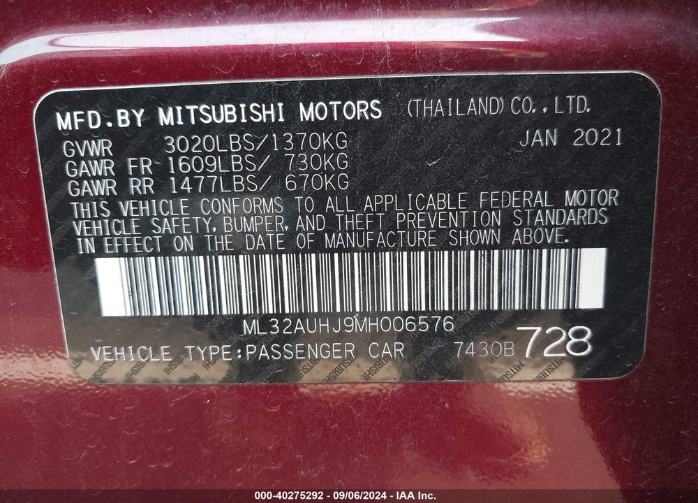 2021 MITSUBISHI MIRAGE CARBONITE EDITION/ES/LE VIN: ML32AUHJ9MH006576