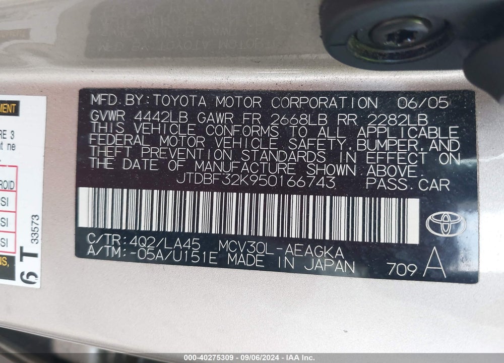 2005 TOYOTA CAMRY XLE V6 VIN: JTDBF32K950166743