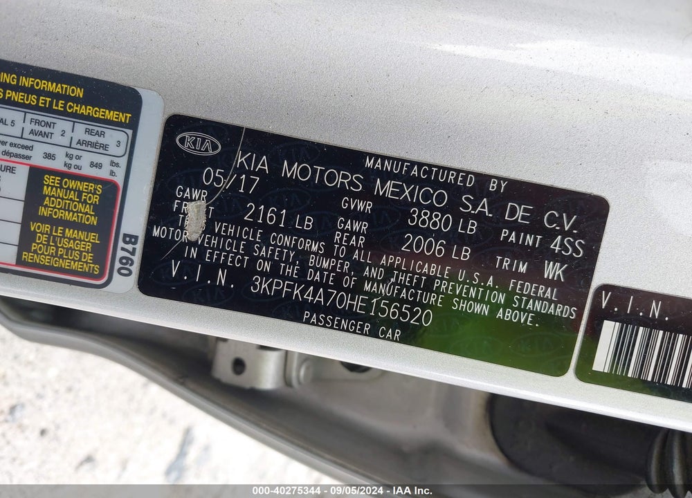2017 KIA FORTE LX VIN: 3KPFK4A70HE156520