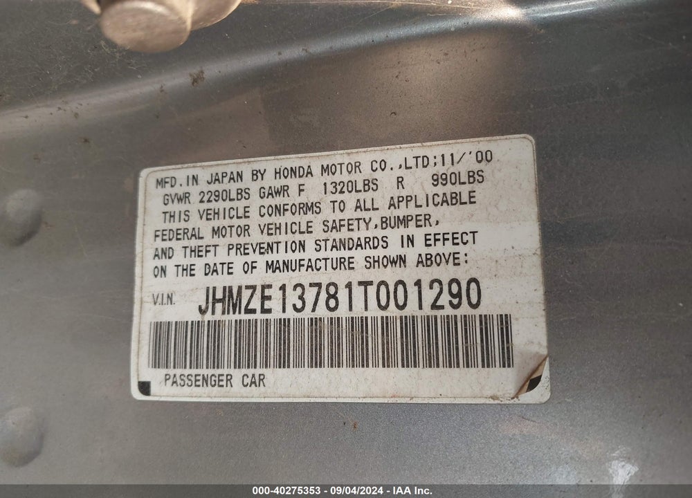 2001 HONDA INSIGHT BASE W/AC VIN: JHMZE13781T001290