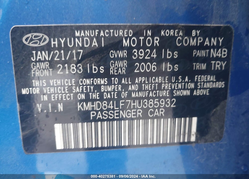 2017 HYUNDAI ELANTRA VALUE EDITION VIN: KMHD84LF7HU385932