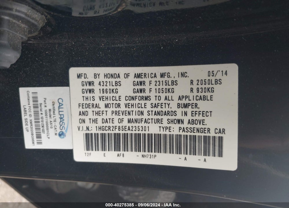 2014 HONDA ACCORD EX-L VIN: 1HGCR2F85EA235301