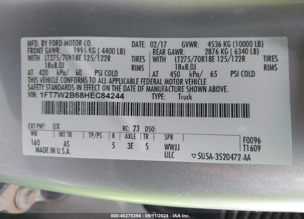 2017 FORD F-250 XL VIN: 1FT7W2B68HEC84244