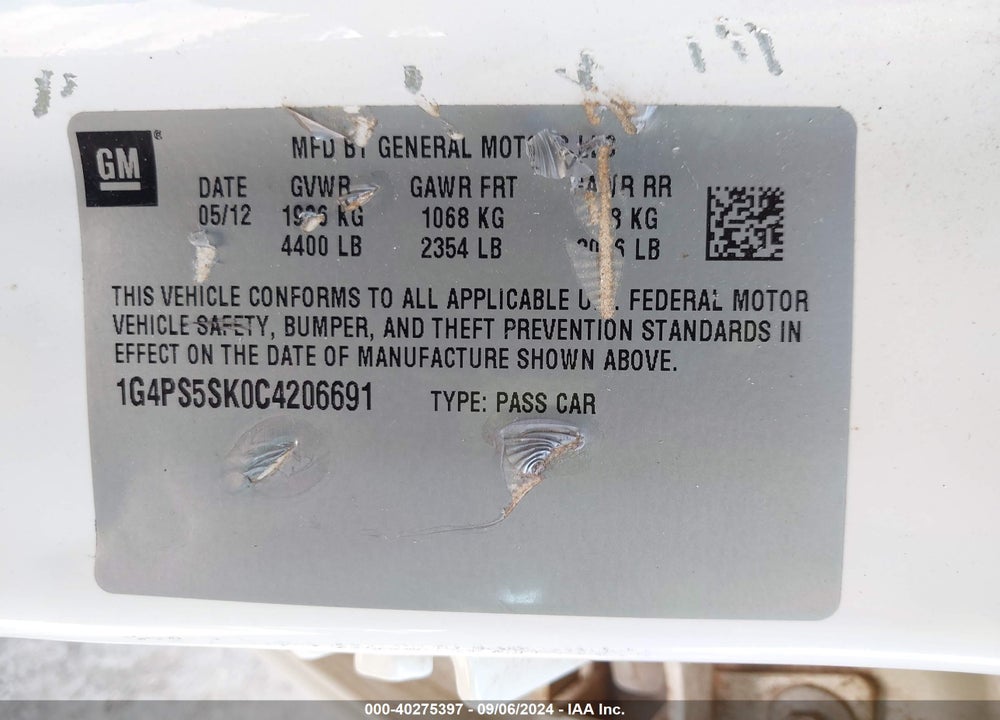 2012 BUICK VERANO LEATHER GROUP VIN: 1G4PS5SK0C4206691