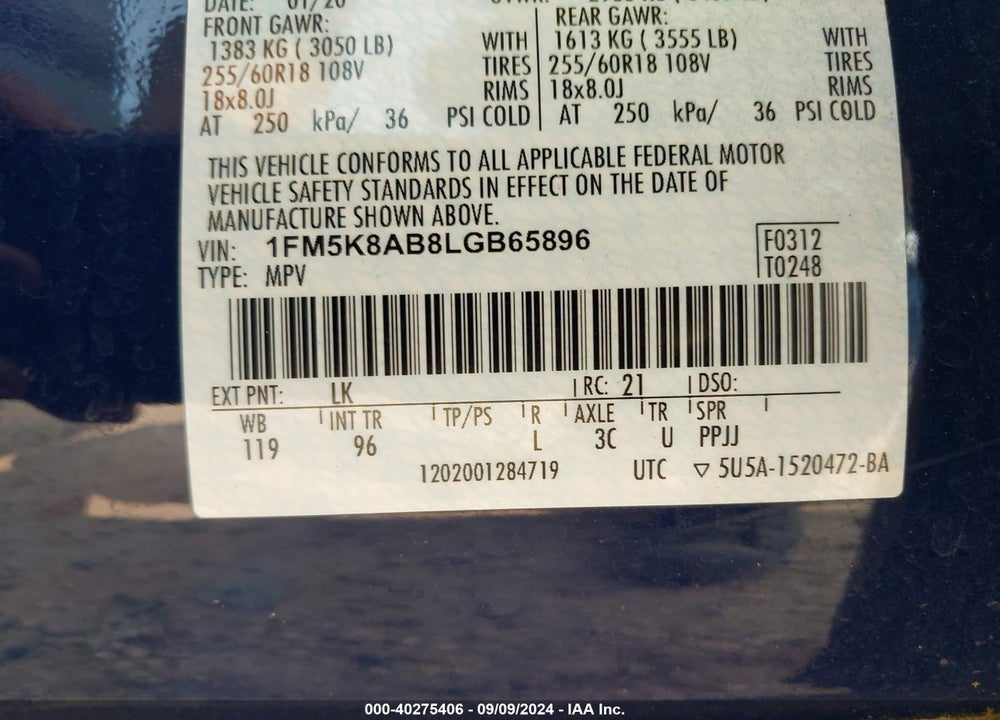 2020 FORD POLICE INTERCEPTOR UTILITY VIN: 1FM5K8AB8LGB65896
