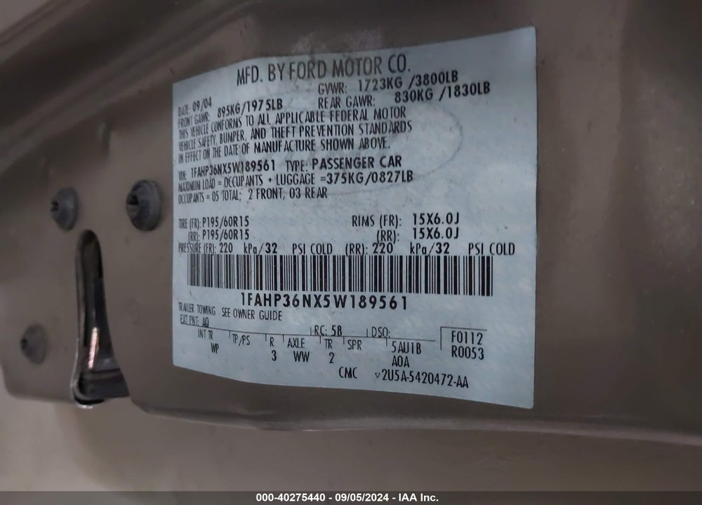 2007 FORD FOCUS S/SE/SES VIN: 1FAHP34N77W139108