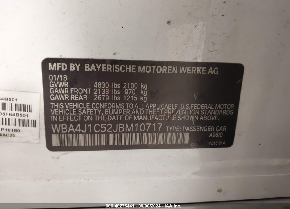 2018 BMW 430I GRAN COUPE VIN: WBA4J1C52JBM10717