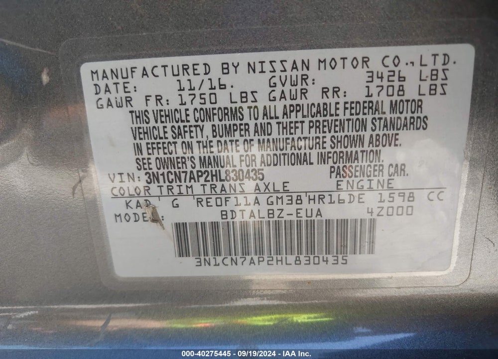 2017 NISSAN VERSA 1.6 SV VIN: 3N1CN7AP2HL830435