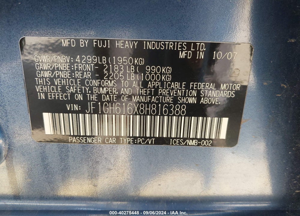 2008 SUBARU IMPREZA 2.5I VIN: JF1GH616X8H816388