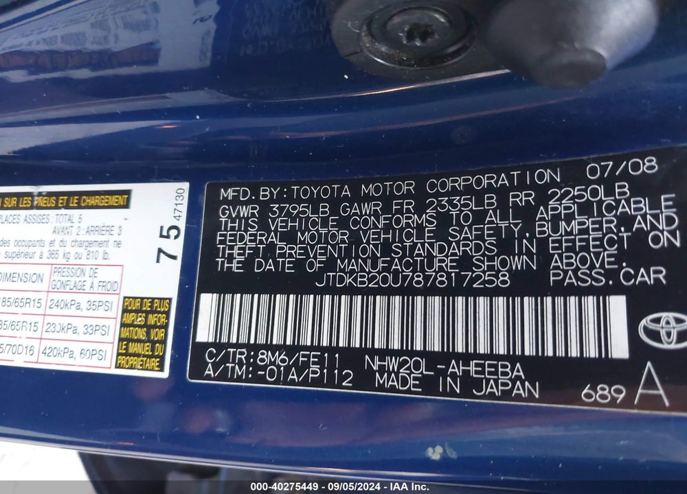 2008 TOYOTA PRIUS VIN: JTDKB20U787817258