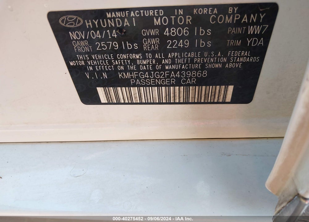 2015 HYUNDAI AZERA VIN: KMHFG4JG2FA439868