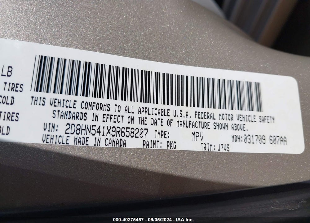 2009 DODGE GRAND CARAVAN VIN: 2D8HN541X9R658207