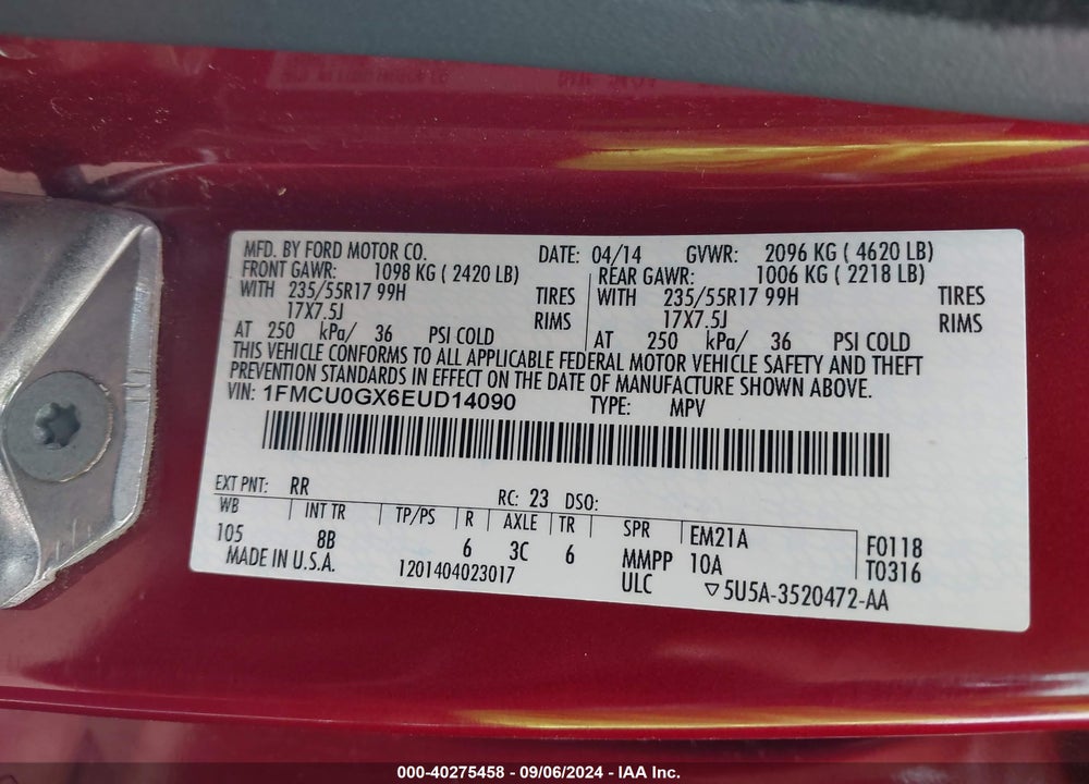 2014 FORD ESCAPE SE VIN: 1FMCU0GX6EUD14090