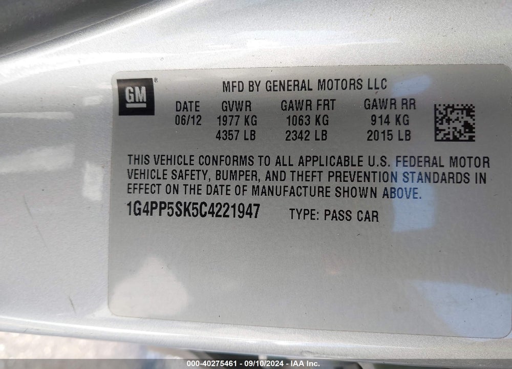 2012 BUICK VERANO VIN: 1G4PP5SK5C4221947