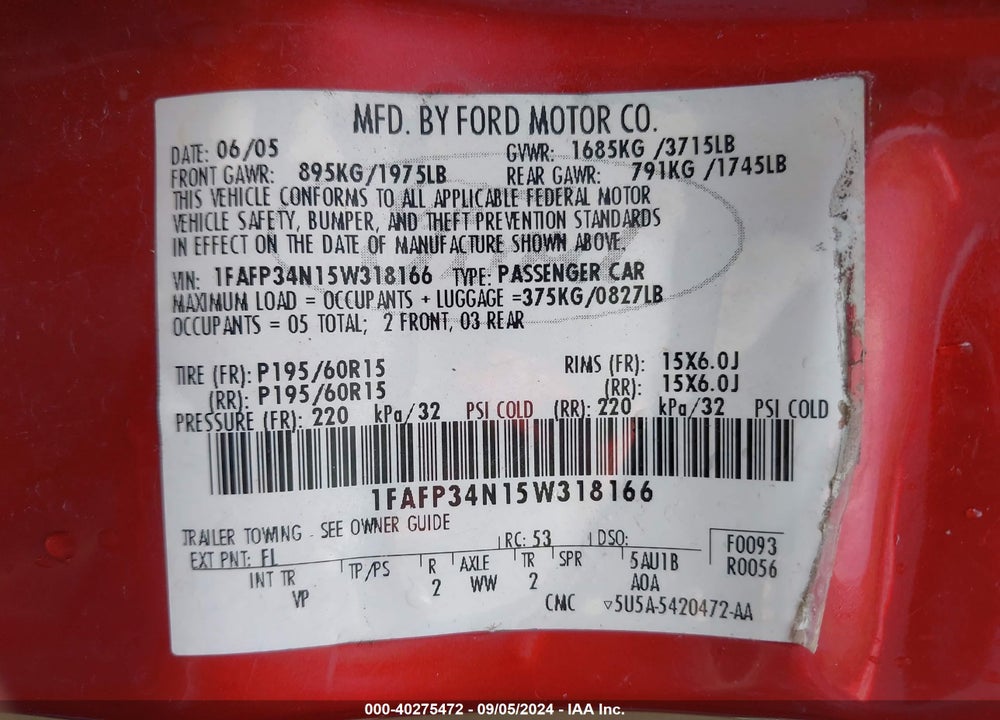 2005 FORD FOCUS ZX4 VIN: 1FAFP34N15W318166