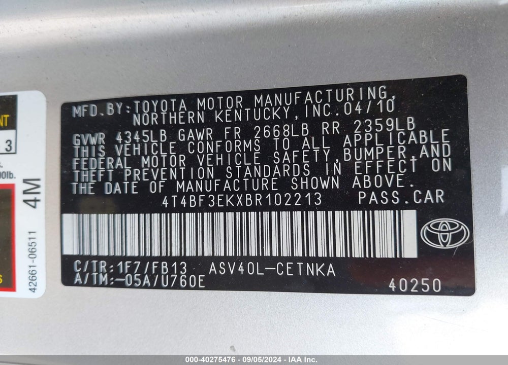 2011 TOYOTA CAMRY LE VIN: 4T4BF3EKXBR102213